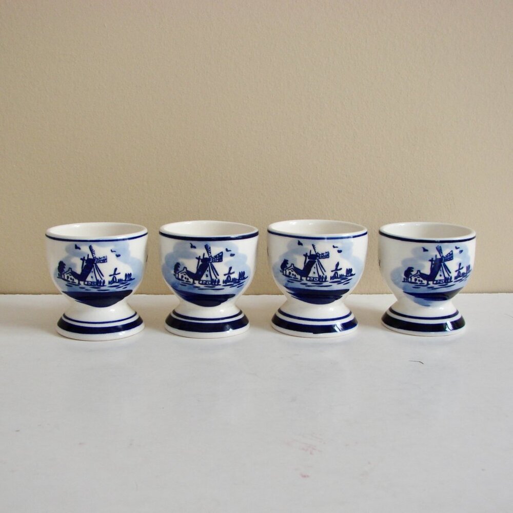 Vintage Delft Elesva Holland Egg Cups Set of 4 Blue White Windmill Floral Flower